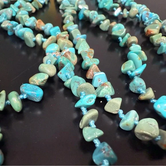 SX 925 Sterling Silver Necklace Turquoise Nugget Hand Knotted Toggle Clasp 82”L